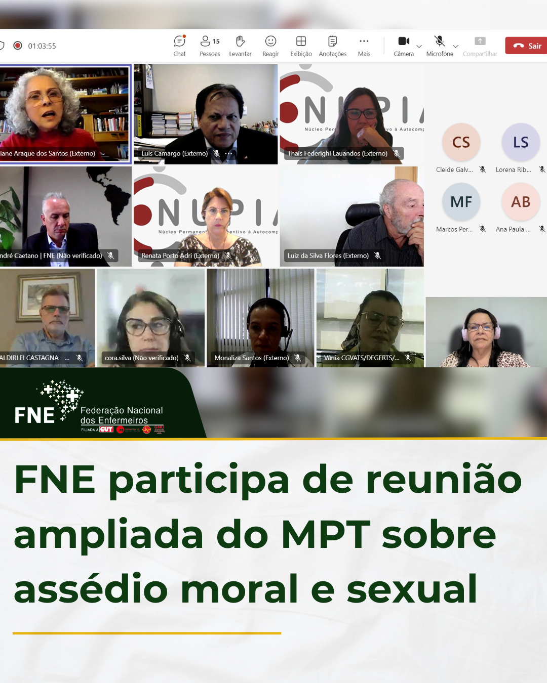 FNE participa de reunião do GT da Enfermagem do MPT sobre combate ao assédio moral e sexual