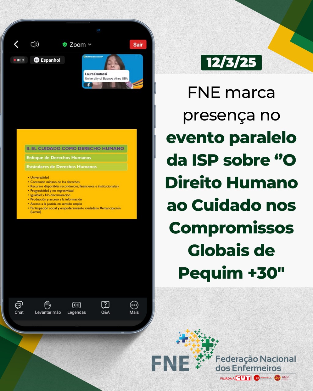 CSW69: FNE presente em evento paralelo da ISP sobre ‘’O Direito Humano ao Cuidado nos Compromissos Globais de Pequim +30’’