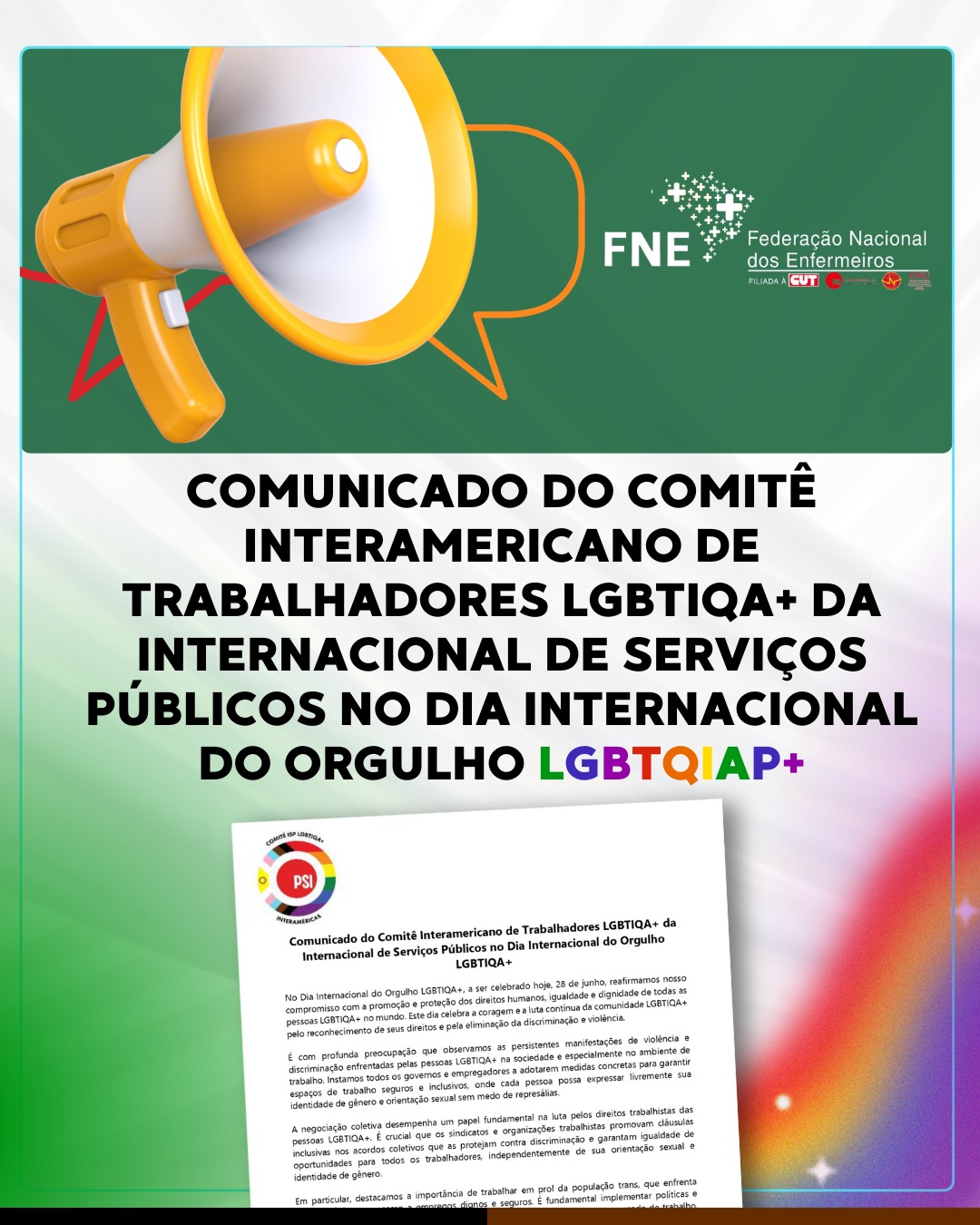 Comunicado do Comitê Interamericano de Trabalhadores LGBTIQA+ da Internacional de Serviços Públicos no Dia Internacional do Orgulho LGBTIQA+
