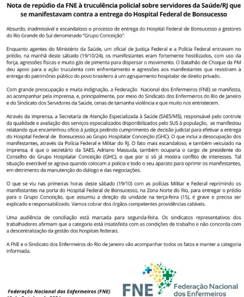 Nota de repúdio da FNE à truculência policial sobre servidores da Saúde/RJ que se manifestavam contra a entrega do Hospital Federal de Bonsucesso